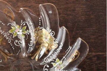 イタリア　ベネチアンガラス　金彩　花の図　小物入れ・お皿　2点セット(変形皿、菓子皿、洋食器、ヴェネチアングラス)(R-046123)