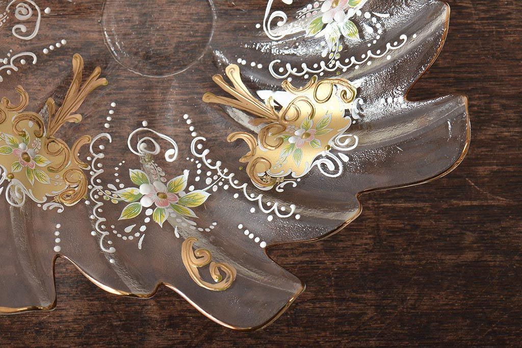 イタリア　ベネチアンガラス　金彩　花の図　小物入れ・お皿　2点セット(変形皿、菓子皿、洋食器、ヴェネチアングラス)(R-046123)