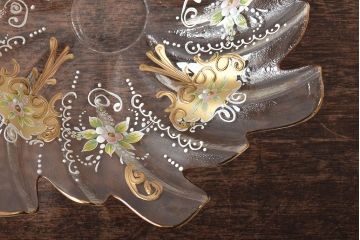 イタリア　ベネチアンガラス　金彩　花の図　小物入れ・お皿　2点セット(変形皿、菓子皿、洋食器、ヴェネチアングラス)(R-046123)