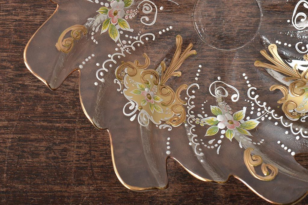 イタリア　ベネチアンガラス　金彩　花の図　小物入れ・お皿　2点セット(変形皿、菓子皿、洋食器、ヴェネチアングラス)(R-046123)