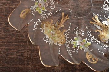 イタリア　ベネチアンガラス　金彩　花の図　小物入れ・お皿　2点セット(変形皿、菓子皿、洋食器、ヴェネチアングラス)(R-046123)