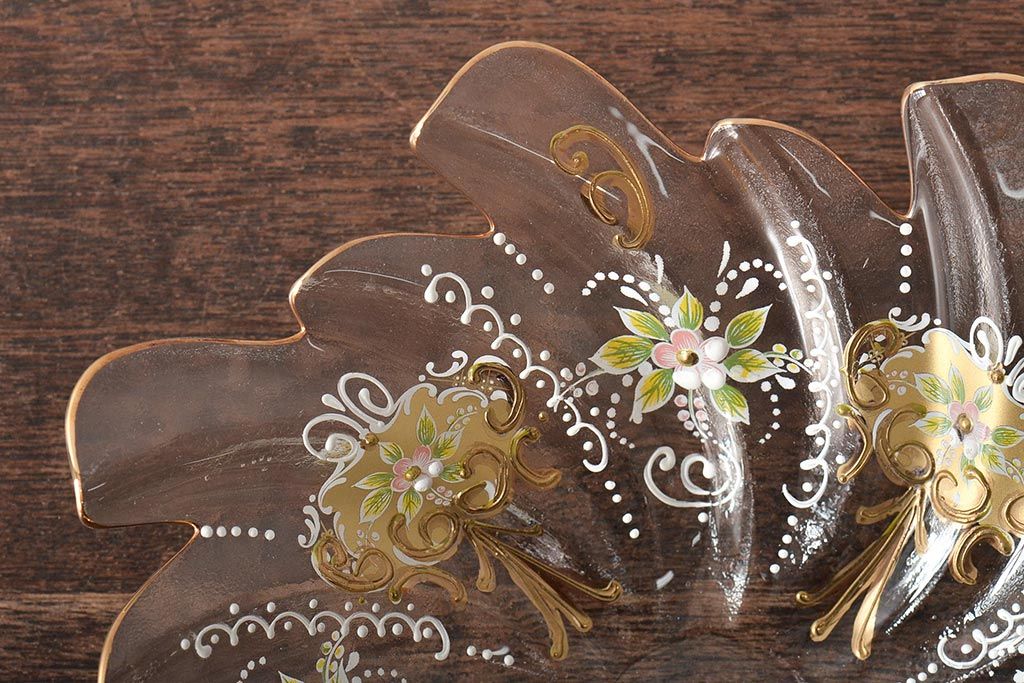 イタリア　ベネチアンガラス　金彩　花の図　小物入れ・お皿　2点セット(変形皿、菓子皿、洋食器、ヴェネチアングラス)(R-046123)