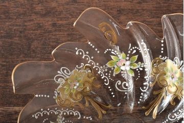 イタリア　ベネチアンガラス　金彩　花の図　小物入れ・お皿　2点セット(変形皿、菓子皿、洋食器、ヴェネチアングラス)(R-046123)