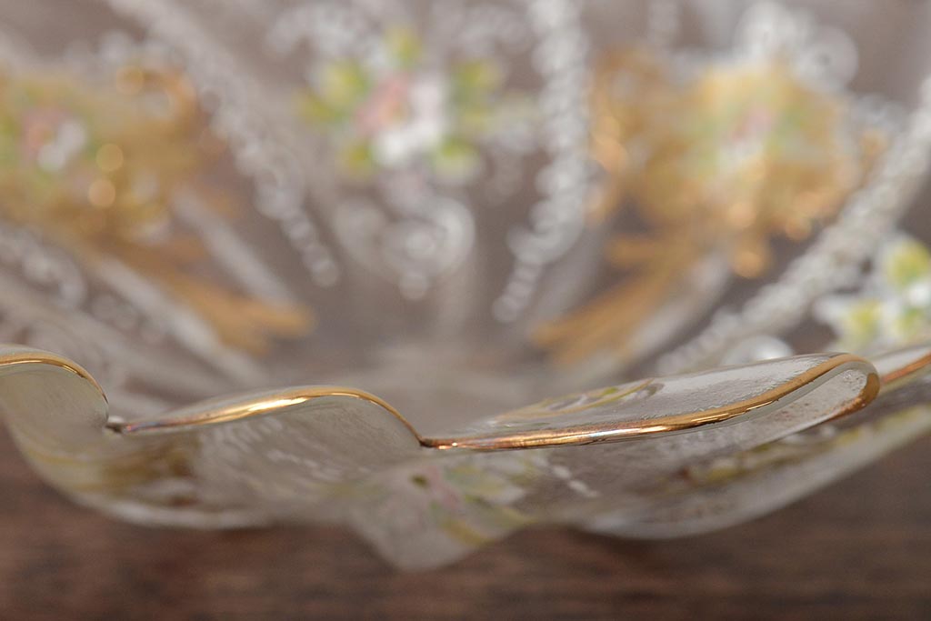 イタリア　ベネチアンガラス　金彩　花の図　小物入れ・お皿　2点セット(変形皿、菓子皿、洋食器、ヴェネチアングラス)(R-046123)