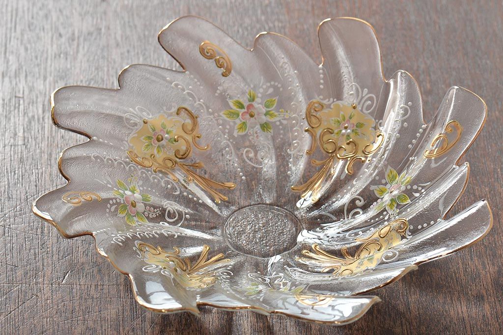 イタリア　ベネチアンガラス　金彩　花の図　小物入れ・お皿　2点セット(変形皿、菓子皿、洋食器、ヴェネチアングラス)(R-046123)