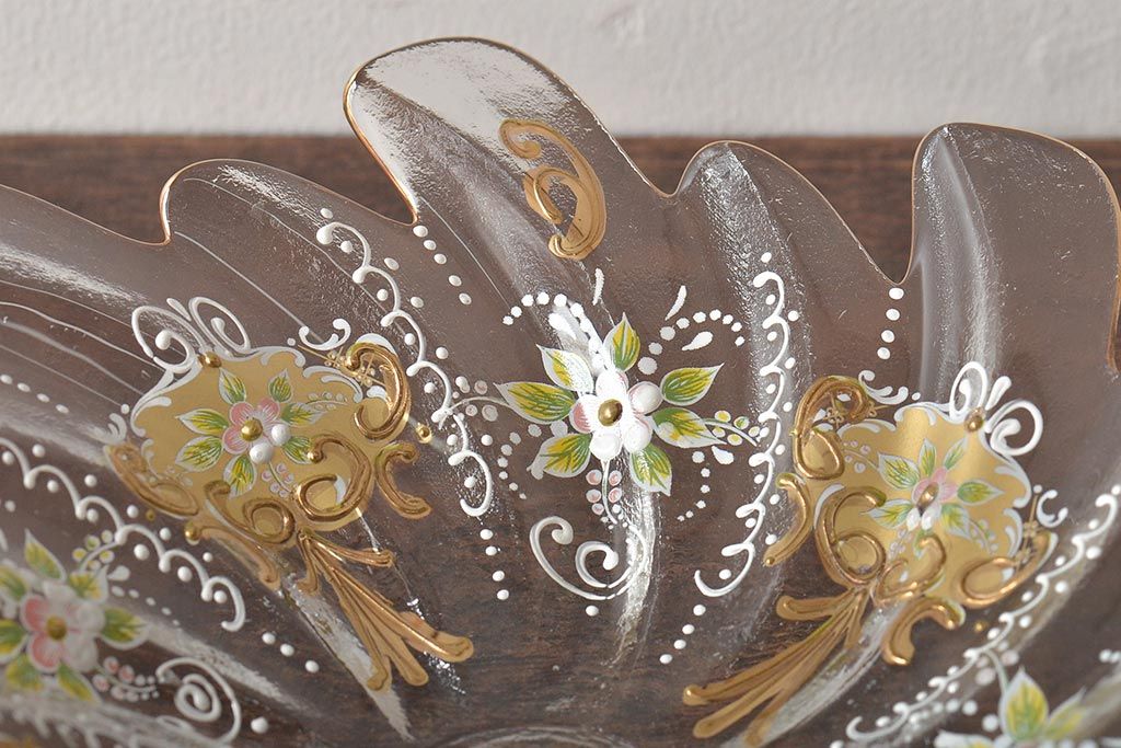 イタリア　ベネチアンガラス　金彩　花の図　小物入れ・お皿　2点セット(変形皿、菓子皿、洋食器、ヴェネチアングラス)(R-046123)