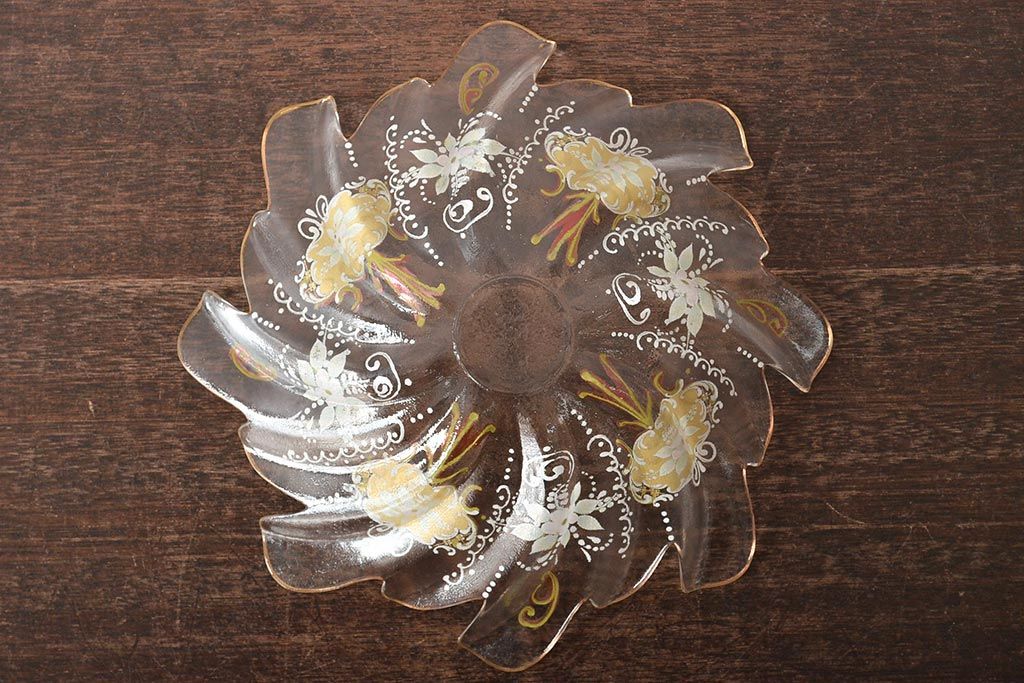 イタリア　ベネチアンガラス　金彩　花の図　小物入れ・お皿　2点セット(変形皿、菓子皿、洋食器、ヴェネチアングラス)(R-046123)