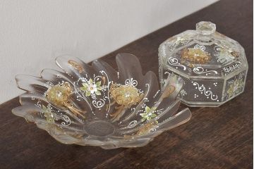 イタリア　ベネチアンガラス　金彩　花の図　小物入れ・お皿　2点セット(変形皿、菓子皿、洋食器、ヴェネチアングラス)(R-046124)