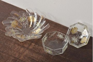 イタリア　ベネチアンガラス　金彩　花の図　小物入れ・お皿　2点セット(変形皿、菓子皿、洋食器、ヴェネチアングラス)(R-046124)