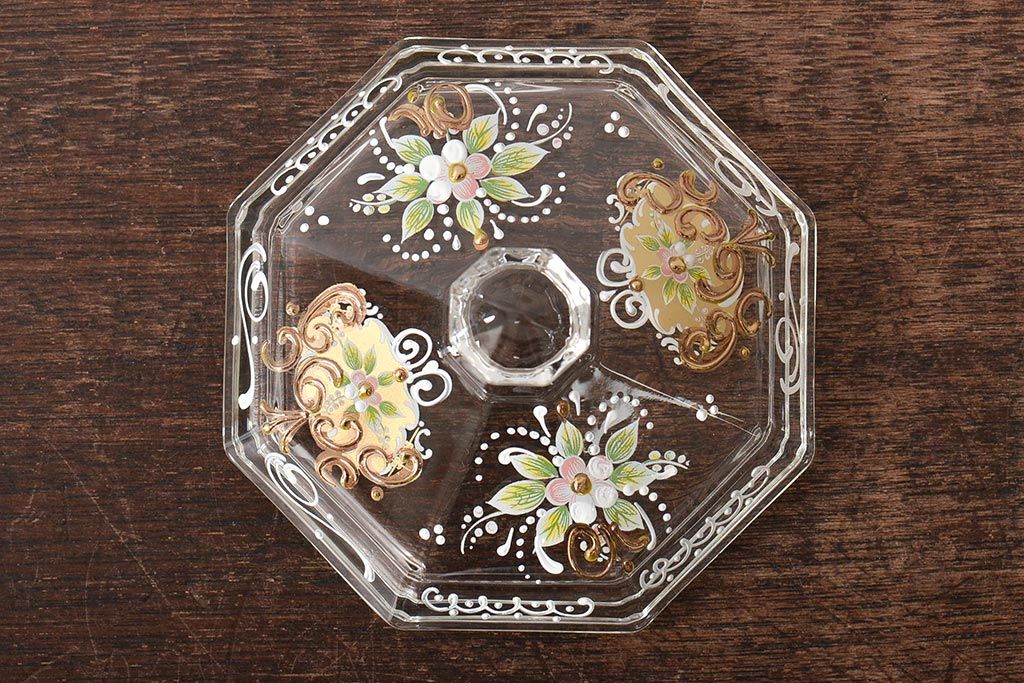 イタリア　ベネチアンガラス　金彩　花の図　小物入れ・お皿　2点セット(変形皿、菓子皿、洋食器、ヴェネチアングラス)(R-046124)