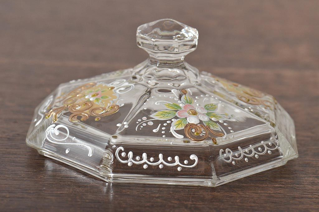 イタリア　ベネチアンガラス　金彩　花の図　小物入れ・お皿　2点セット(変形皿、菓子皿、洋食器、ヴェネチアングラス)(R-046124)