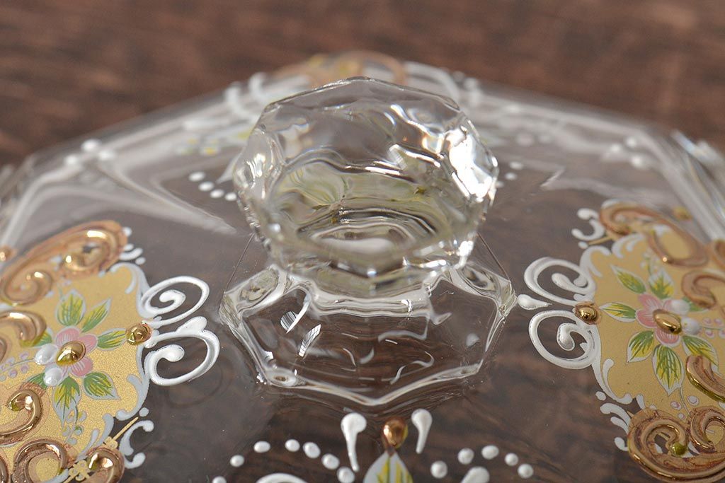 イタリア　ベネチアンガラス　金彩　花の図　小物入れ・お皿　2点セット(変形皿、菓子皿、洋食器、ヴェネチアングラス)(R-046124)