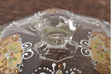 イタリア　ベネチアンガラス　金彩　花の図　小物入れ・お皿　2点セット(変形皿、菓子皿、洋食器、ヴェネチアングラス)(R-046124)