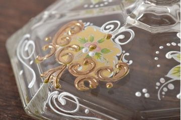 イタリア　ベネチアンガラス　金彩　花の図　小物入れ・お皿　2点セット(変形皿、菓子皿、洋食器、ヴェネチアングラス)(R-046124)