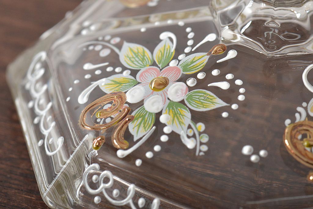 イタリア　ベネチアンガラス　金彩　花の図　小物入れ・お皿　2点セット(変形皿、菓子皿、洋食器、ヴェネチアングラス)(R-046124)