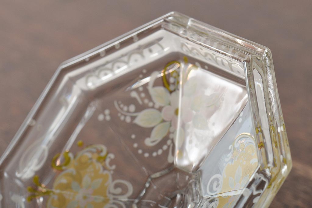 イタリア　ベネチアンガラス　金彩　花の図　小物入れ・お皿　2点セット(変形皿、菓子皿、洋食器、ヴェネチアングラス)(R-046124)