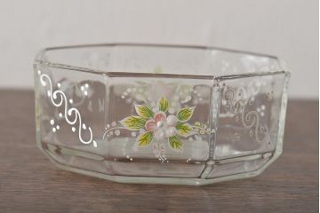 イタリア　ベネチアンガラス　金彩　花の図　小物入れ・お皿　2点セット(変形皿、菓子皿、洋食器、ヴェネチアングラス)(R-046124)