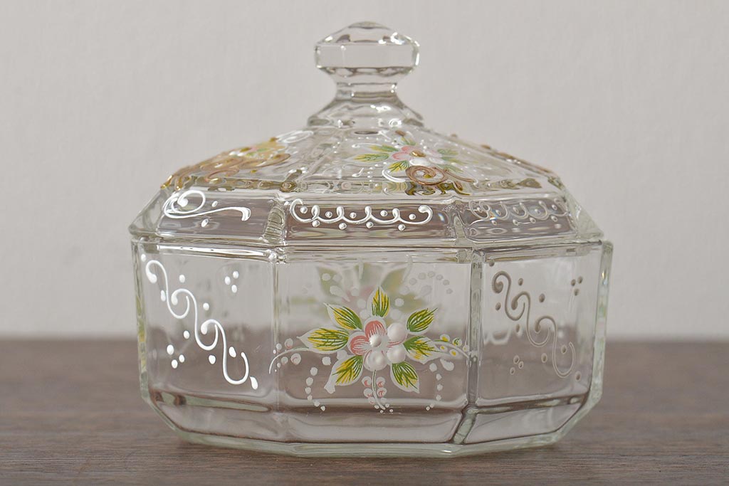 イタリア　ベネチアンガラス　金彩　花の図　小物入れ・お皿　2点セット(変形皿、菓子皿、洋食器、ヴェネチアングラス)(R-046124)