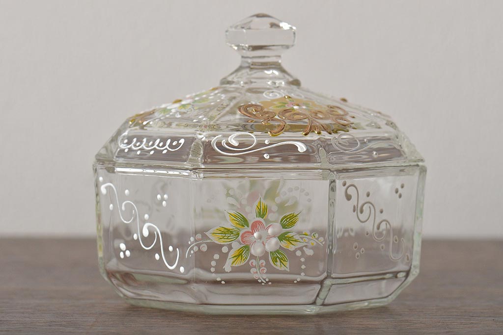 イタリア　ベネチアンガラス　金彩　花の図　小物入れ・お皿　2点セット(変形皿、菓子皿、洋食器、ヴェネチアングラス)(R-046124)