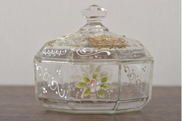 イタリア　ベネチアンガラス　金彩　花の図　小物入れ・お皿　2点セット(変形皿、菓子皿、洋食器、ヴェネチアングラス)(R-046124)