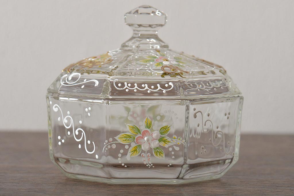 イタリア　ベネチアンガラス　金彩　花の図　小物入れ・お皿　2点セット(変形皿、菓子皿、洋食器、ヴェネチアングラス)(R-046124)