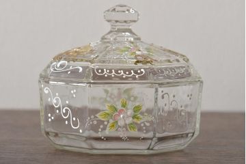 イタリア　ベネチアンガラス　金彩　花の図　小物入れ・お皿　2点セット(変形皿、菓子皿、洋食器、ヴェネチアングラス)(R-046124)