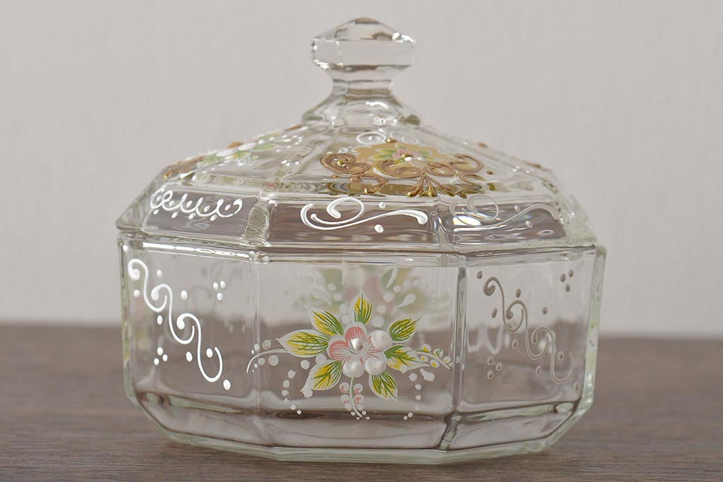 イタリア　ベネチアンガラス　金彩　花の図　小物入れ・お皿　2点セット(変形皿、菓子皿、洋食器、ヴェネチアングラス)(R-046124)