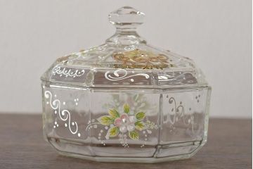 イタリア　ベネチアンガラス　金彩　花の図　小物入れ・お皿　2点セット(変形皿、菓子皿、洋食器、ヴェネチアングラス)(R-046124)