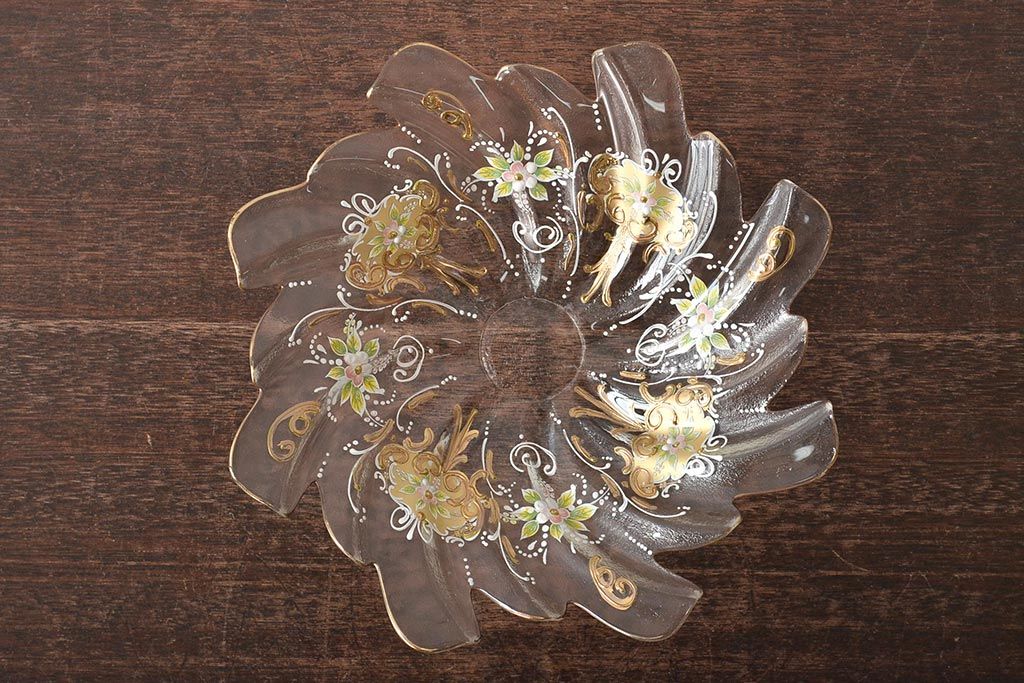 イタリア　ベネチアンガラス　金彩　花の図　小物入れ・お皿　2点セット(変形皿、菓子皿、洋食器、ヴェネチアングラス)(R-046124)