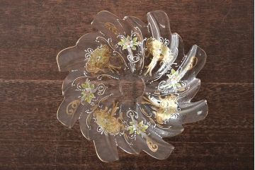 イタリア　ベネチアンガラス　金彩　花の図　小物入れ・お皿　2点セット(変形皿、菓子皿、洋食器、ヴェネチアングラス)(R-046124)