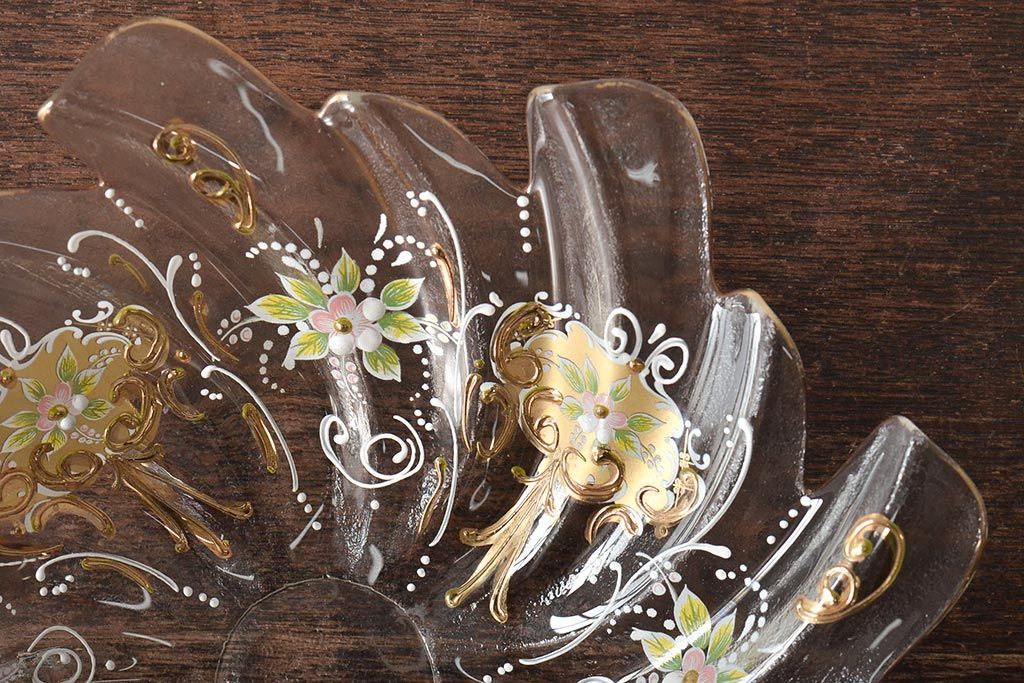 イタリア　ベネチアンガラス　金彩　花の図　小物入れ・お皿　2点セット(変形皿、菓子皿、洋食器、ヴェネチアングラス)(R-046124)