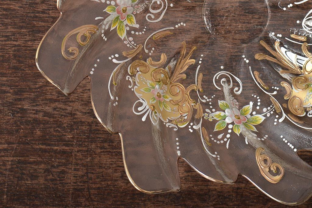 イタリア　ベネチアンガラス　金彩　花の図　小物入れ・お皿　2点セット(変形皿、菓子皿、洋食器、ヴェネチアングラス)(R-046124)