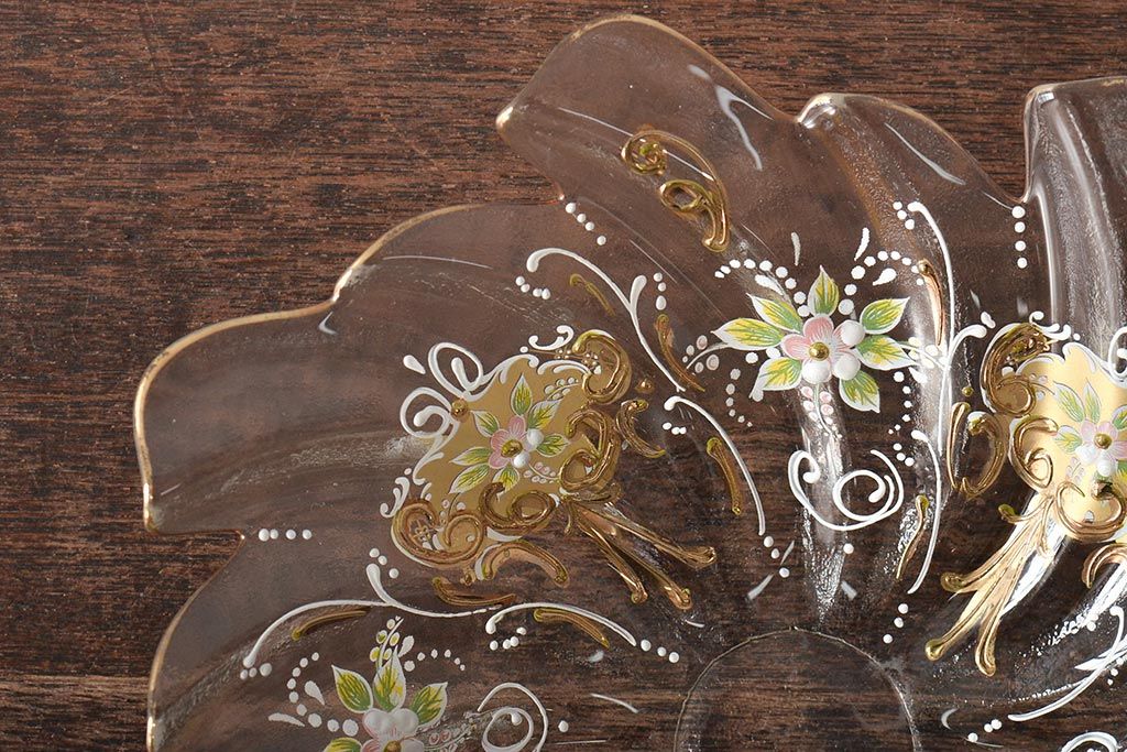 イタリア　ベネチアンガラス　金彩　花の図　小物入れ・お皿　2点セット(変形皿、菓子皿、洋食器、ヴェネチアングラス)(R-046124)