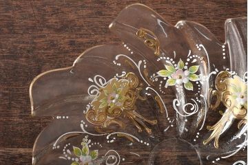 イタリア　ベネチアンガラス　金彩　花の図　小物入れ・お皿　2点セット(変形皿、菓子皿、洋食器、ヴェネチアングラス)(R-046124)