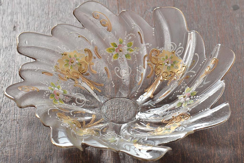 イタリア　ベネチアンガラス　金彩　花の図　小物入れ・お皿　2点セット(変形皿、菓子皿、洋食器、ヴェネチアングラス)(R-046124)
