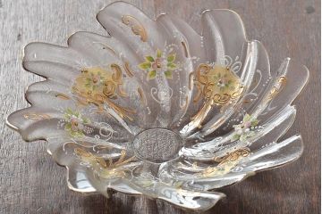 イタリア　ベネチアンガラス　金彩　花の図　小物入れ・お皿　2点セット(変形皿、菓子皿、洋食器、ヴェネチアングラス)(R-046124)