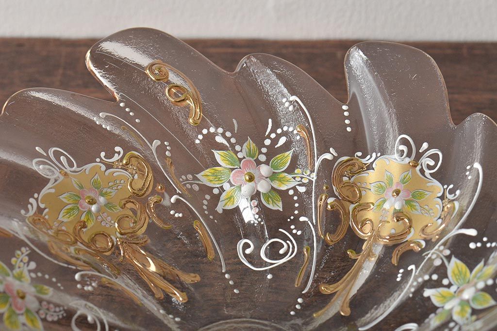 イタリア　ベネチアンガラス　金彩　花の図　小物入れ・お皿　2点セット(変形皿、菓子皿、洋食器、ヴェネチアングラス)(R-046124)