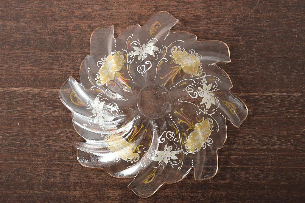 イタリア　ベネチアンガラス　金彩　花の図　小物入れ・お皿　2点セット(変形皿、菓子皿、洋食器、ヴェネチアングラス)(R-046124)