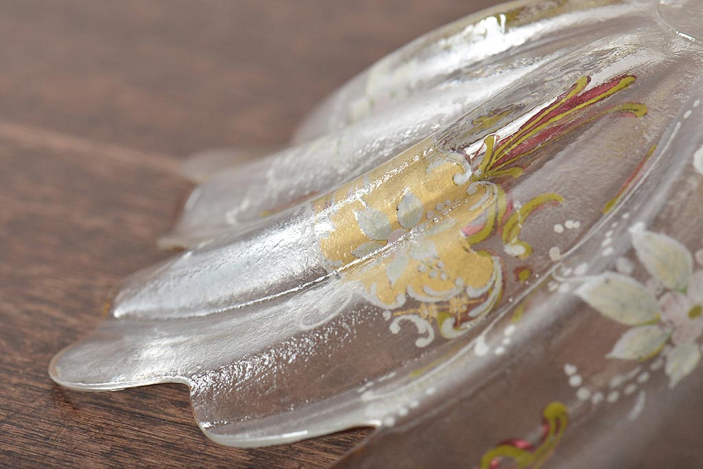 イタリア　ベネチアンガラス　金彩　花の図　小物入れ・お皿　2点セット(変形皿、菓子皿、洋食器、ヴェネチアングラス)(R-046124)