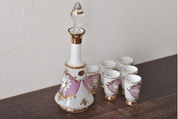チェコ　ボヘミアガラス　花柄　金彩　デカンタ　グラス6客セット(ガラス瓶、コップ、洋食器)(R-046138)