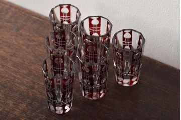 昭和初期　赤切子グラス2個　ショットグラス6個(コップ、色被せ、和ガラス)(R-046165)