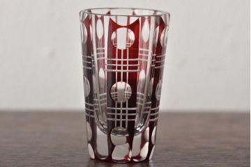 昭和初期　赤切子グラス2個　ショットグラス6個(コップ、色被せ、和ガラス)(R-046165)
