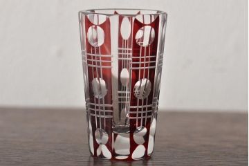 昭和初期　赤切子グラス2個　ショットグラス6個(コップ、色被せ、和ガラス)(R-046165)