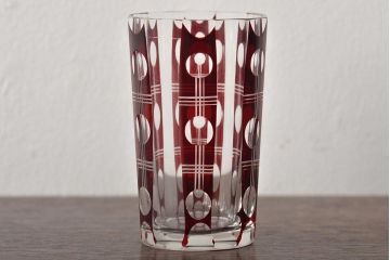昭和初期　赤切子グラス2個　ショットグラス6個(コップ、色被せ、和ガラス)(R-046165)