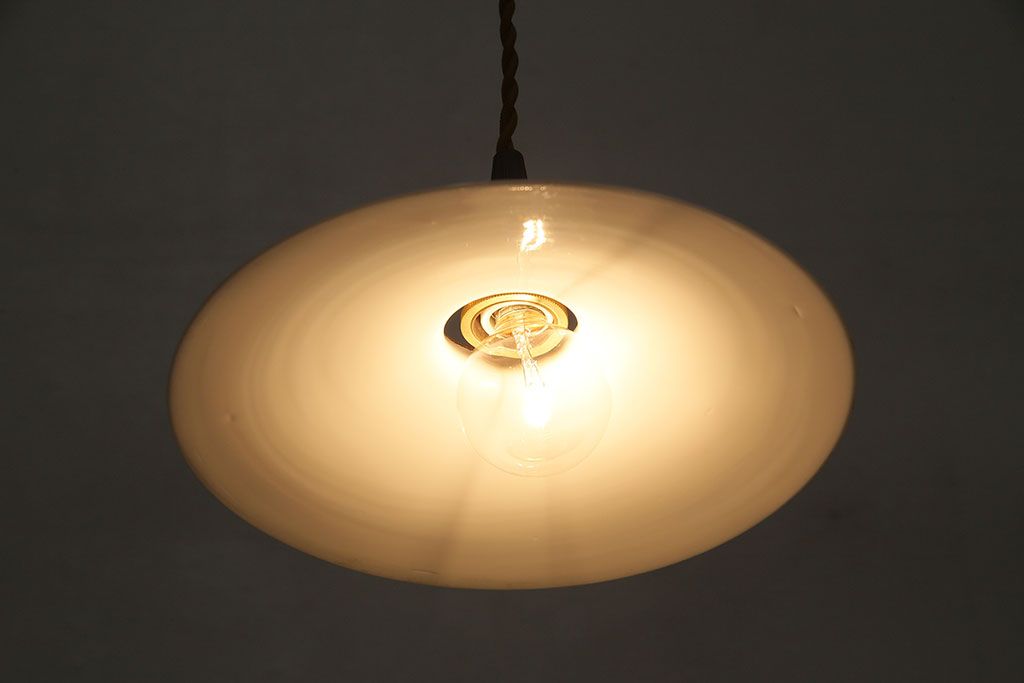 アンティーク照明　戦前　レトロな平笠シェードのペンダントライト2個セット(天井照明、吊り下げ照明、電笠)(R-046179)