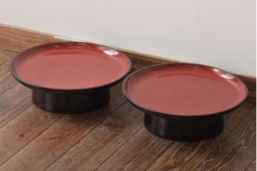 明治大正期　会津漆器　朱赤の漆塗りが美しい高台付き丸盆2点セット(丸膳、漆器)(R-046240)