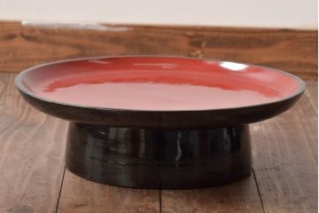 明治大正期　会津漆器　朱赤の漆塗りが美しい高台付き丸盆2点セット(丸膳、漆器)(R-046240)