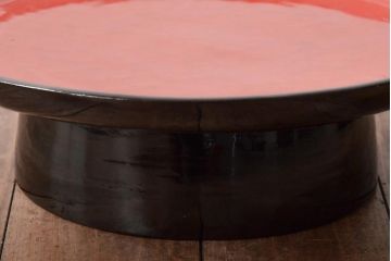 明治大正期　会津漆器　朱赤の漆塗りが美しい高台付き丸盆2点セット(丸膳、漆器)(R-046240)