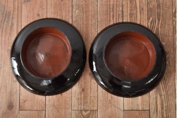明治大正期　会津漆器　朱赤の漆塗りが美しい高台付き丸盆2点セット(丸膳、漆器)(R-046240)