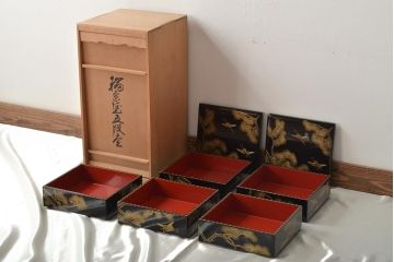 輪島塗　五島屋謹製　松に鶴　沈金蒔絵五段重箱(漆器)(R-046243)